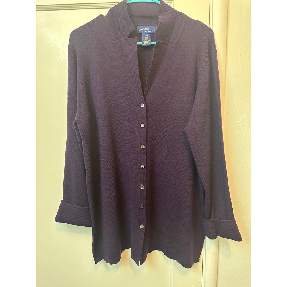 Charter Club Classics Merino Wool Cardigan‎ Sweater Eggplant Purple Large L